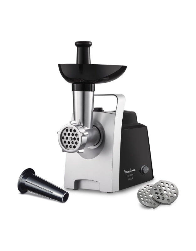 Moulinex 1400W meat grinder with mincing head and accessories including sausage cone and metal plates on white background